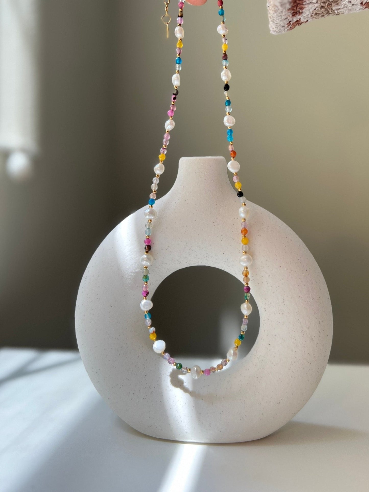 Natural Pearl Beaded Necklace, Colorful Necklace, Hippie Necklace, Dainty Necklace, Freshwater pearl Necklace, Natural Stone Beaded Necklace