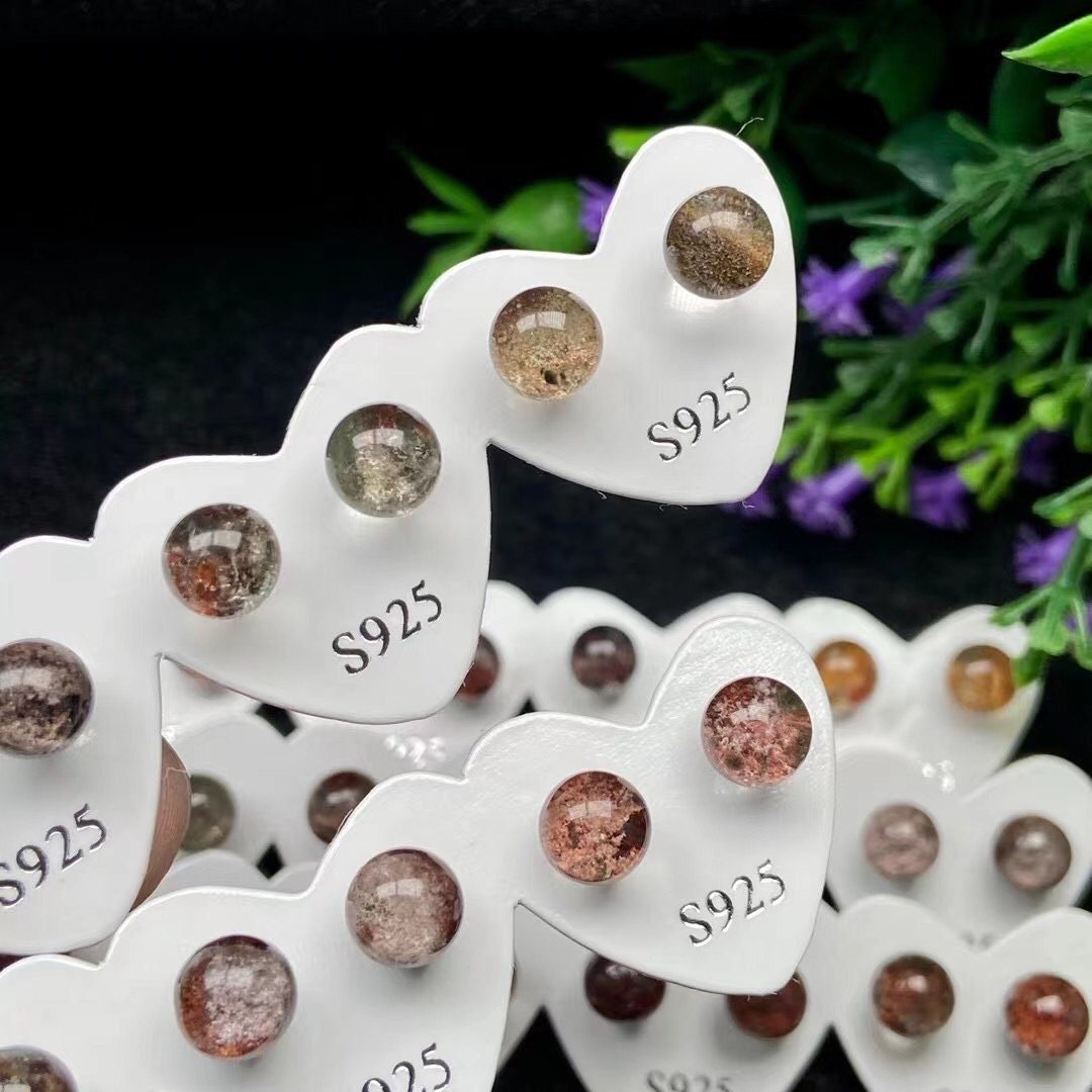 Natural Stone Stud Earrings, S925 Stud Earrings, Green Chalcedony Earrings, Phantom Quartz, Aquamarine, White Jade, South Red Agate Earrings