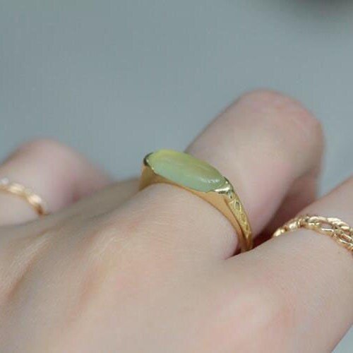 Light Green Long Natural Stone Ring, Vintage Gold Plated Gemstone Ring, Transparent Grape Stone Ring, Adjustable S925 Silver Ring