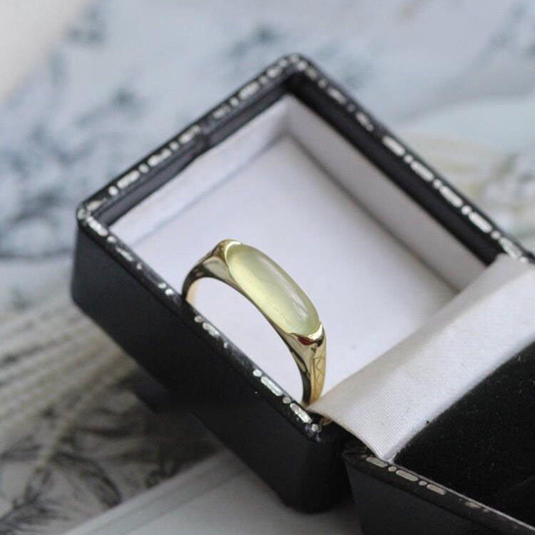 Light Green Long Natural Stone Ring, Vintage Gold Plated Gemstone Ring, Transparent Grape Stone Ring, Adjustable S925 Silver Ring