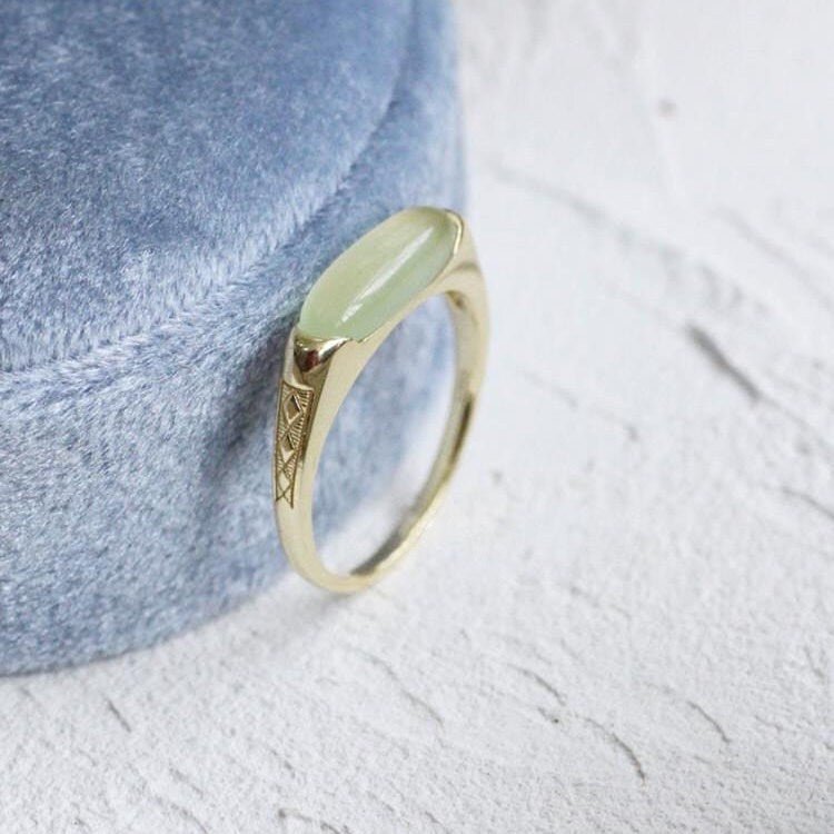 Light Green Long Natural Stone Ring, Vintage Gold Plated Gemstone Ring, Transparent Grape Stone Ring, Adjustable S925 Silver Ring