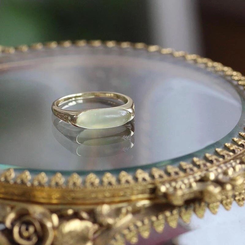 Light Green Long Natural Stone Ring, Vintage Gold Plated Gemstone Ring, Transparent Grape Stone Ring, Adjustable S925 Silver Ring