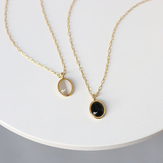 Glossy Oval Black Agate Opal Gemstone Pendant Necklace,  Geometric shape Gemstone Pendant with 18k Gold Plated Stainless Steel Chain,mom, wife, girlfriend, daughter, friend, Birthday, Wedding, Anniversary, Engagement, Party, Wedding, Gift,