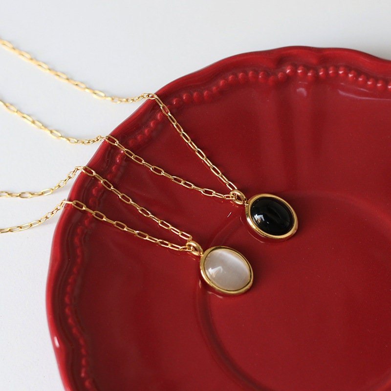 Glossy Oval Black Agate Opal Gemstone Pendant Necklace,  Geometric shape Gemstone Pendant with 18k Gold Plated Stainless Steel Chain,mom, wife, girlfriend, daughter, friend, Birthday, Wedding, Anniversary, Engagement, Party, Wedding, Gift,