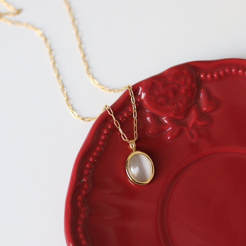 Glossy Oval Black Agate Opal Gemstone Pendant Necklace,  Geometric shape Gemstone Pendant with 18k Gold Plated Stainless Steel Chain,mom, wife, girlfriend, daughter, friend, Birthday, Wedding, Anniversary, Engagement, Party, Wedding, Gift,