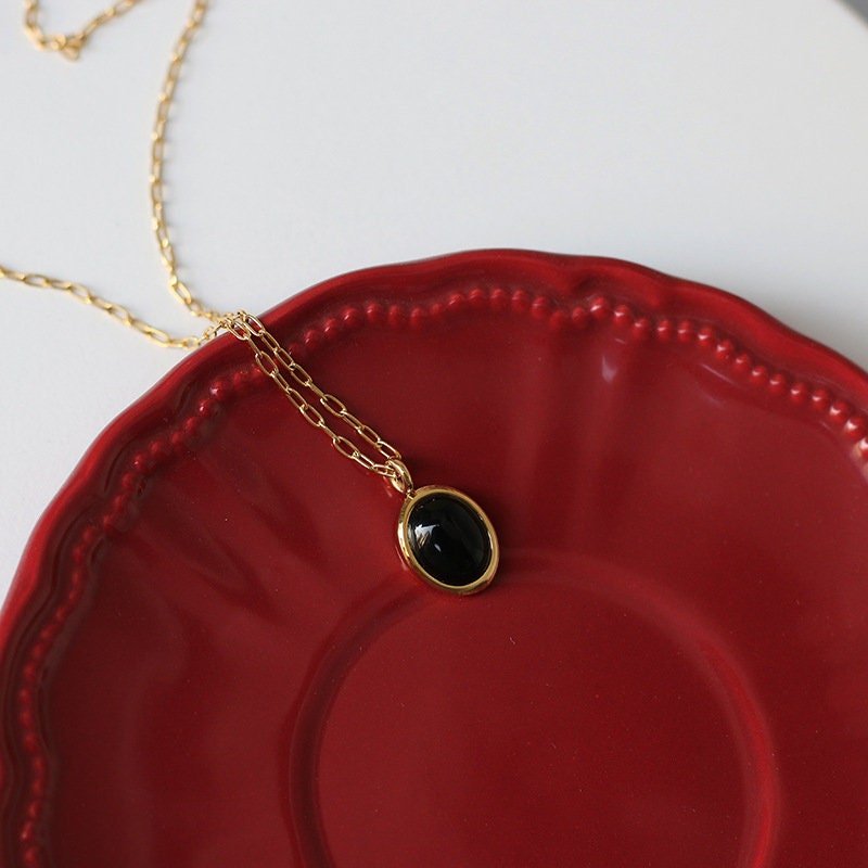 Glossy Oval Black Agate Opal Gemstone Pendant Necklace,  Geometric shape Gemstone Pendant with 18k Gold Plated Stainless Steel Chain,mom, wife, girlfriend, daughter, friend, Birthday, Wedding, Anniversary, Engagement, Party, Wedding, Gift,