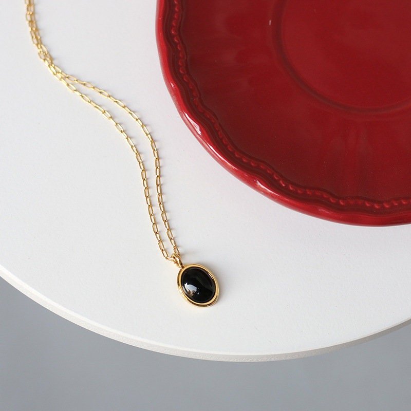 Glossy Oval Black Agate Opal Gemstone Pendant Necklace,  Geometric shape Gemstone Pendant with 18k Gold Plated Stainless Steel Chain,mom, wife, girlfriend, daughter, friend, Birthday, Wedding, Anniversary, Engagement, Party, Wedding, Gift,