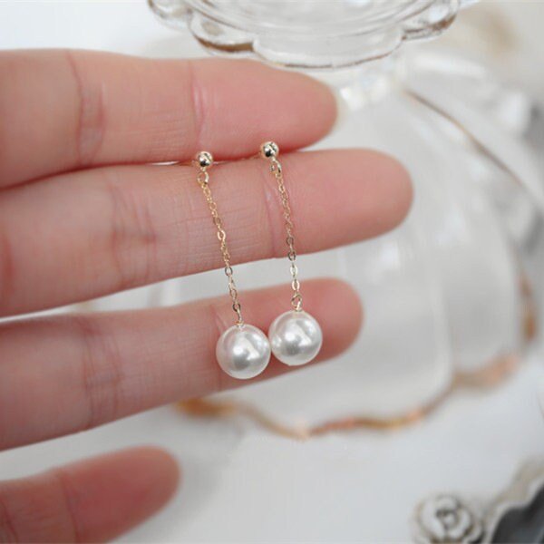 Gold Filled Long Drop Pearl Earrings, Pearl Long Drop Earrings, Swarovski Pearl Drop Earrings, Pearl Tassels Earrings, Gold Chain Earrings