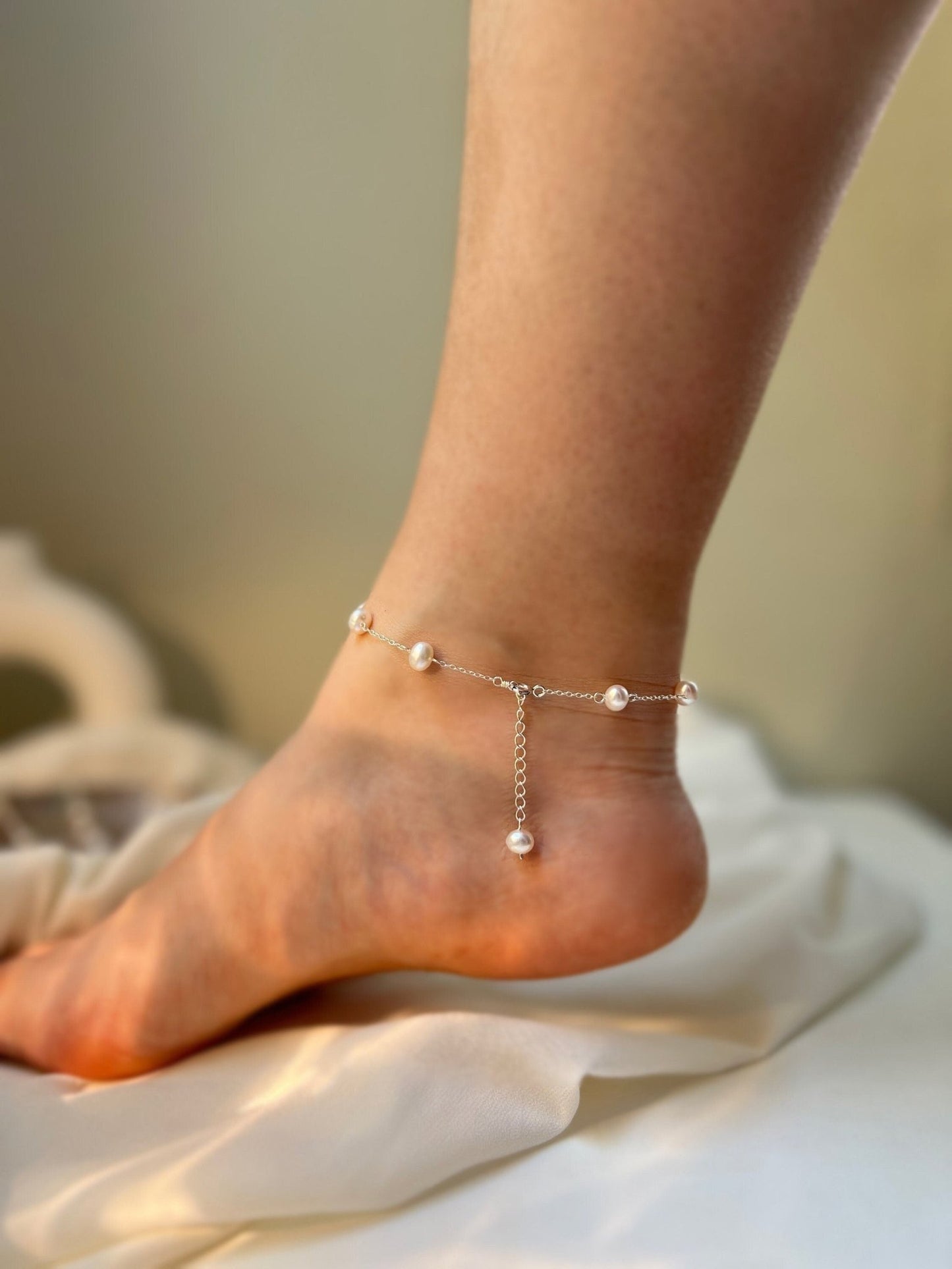 Silver Freshwater Pearl Anklet, Natural Pearl Simple Anklet, S925 Silver Dainty Anklet, Wedding Anklet, Bridal Anklet, Summer Jewelry