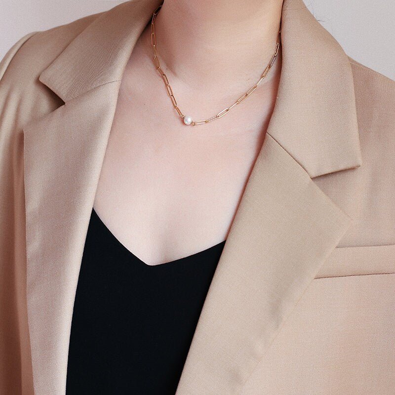 Natural Single Fresh Water Pearl Pendant Necklace on 18K Gold Plated Stainless Steel Chain, Large Clip Rectangle Link Chain, Modern Classic