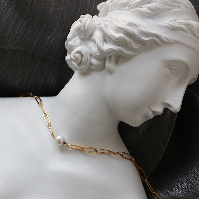 Natural Single Fresh Water Pearl Pendant Necklace on 18K Gold Plated Stainless Steel Chain, Large Clip Rectangle Link Chain, Modern Classic