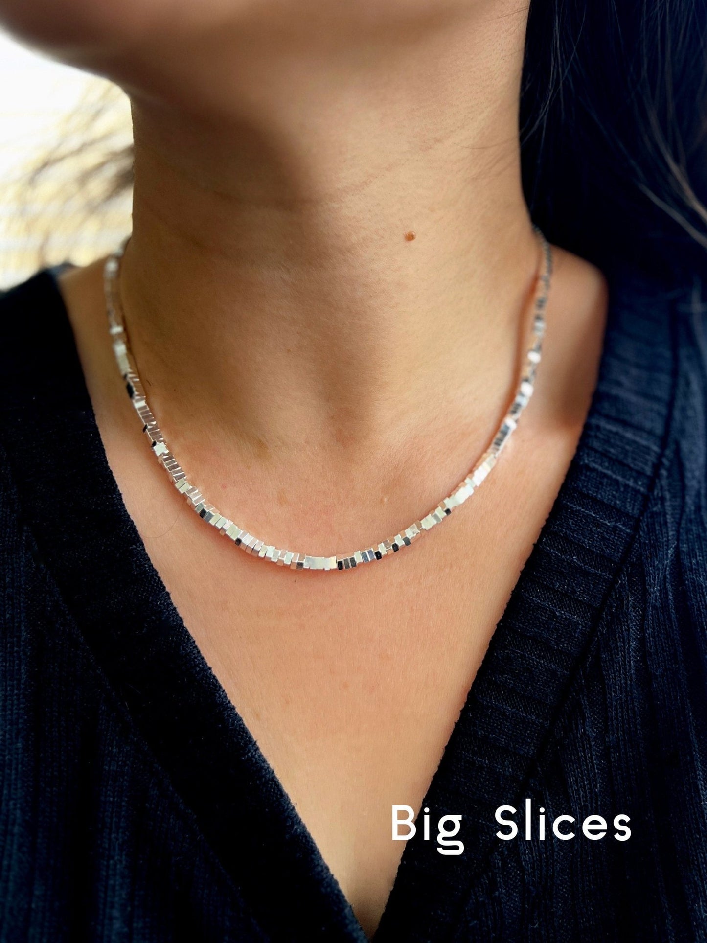 Beaded Silver Necklace, S925 Silver Slices Necklace, Silver Cubes Necklace, Sparkling Necklace, Shinning Silver Necklace, Layered Necklace