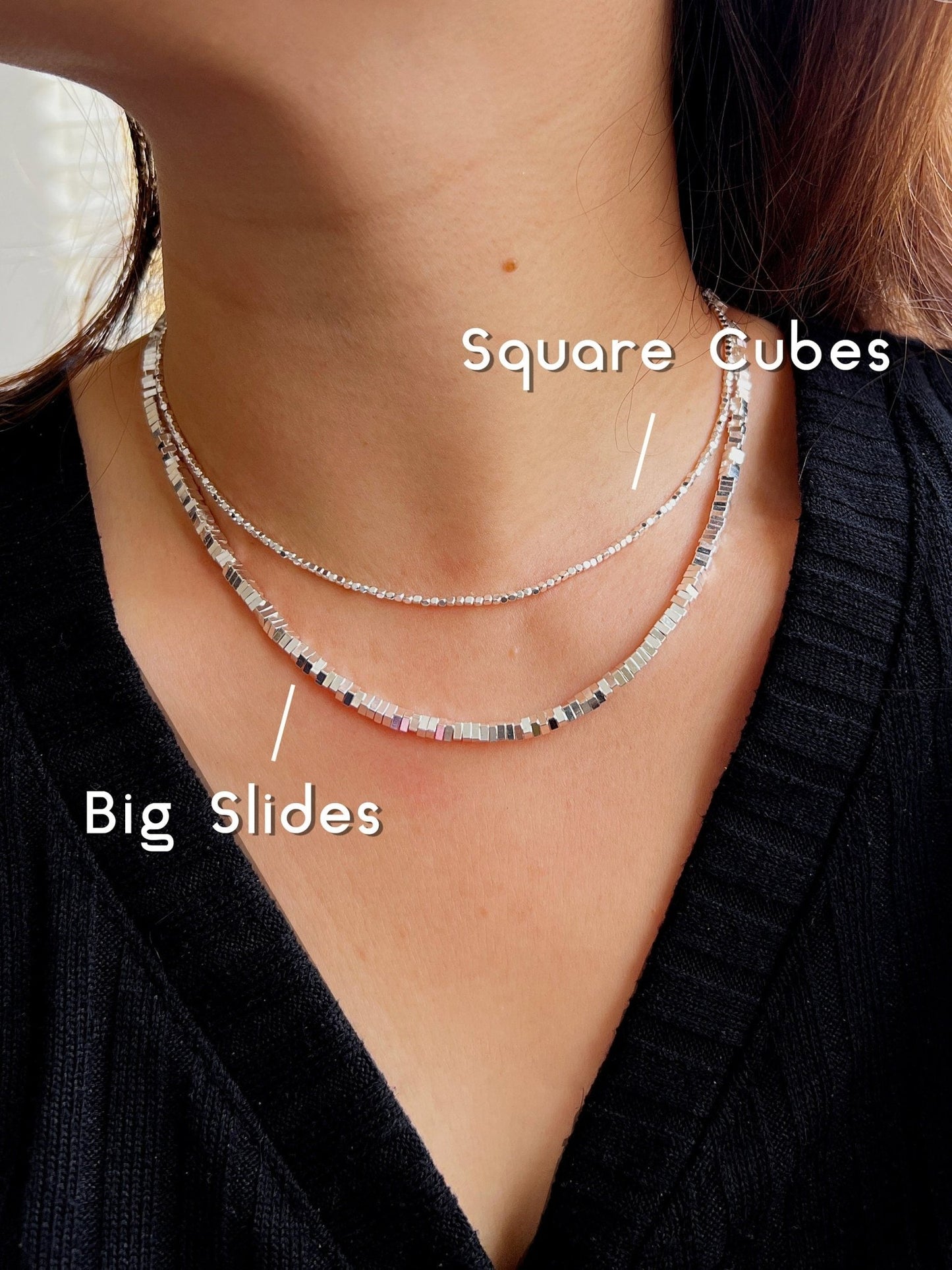 Beaded Silver Necklace, S925 Silver Slices Necklace, Silver Cubes Necklace, Sparkling Necklace, Shinning Silver Necklace, Layered Necklace