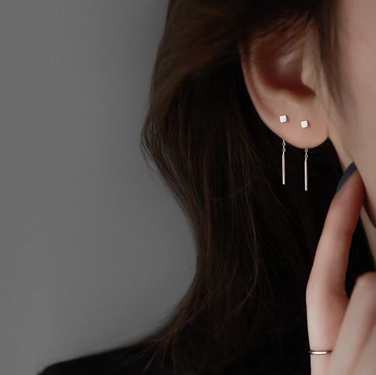 Tiny Cube Threader Earrings, 925 Sterling Silver Earrings, Gold, Silver and Black, Minimalist Geometric Earrings, Mini Black Cube Earrings