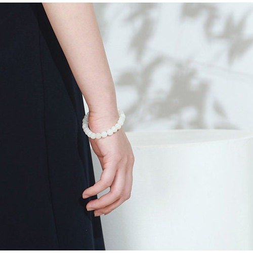 White Hetian Jade Elastic Bracelet, Beaded Jade Stretch Bracelets, High Quality Nephrite Bracelet with Elastic Thread, 8mm 10mm 和田白玉手串