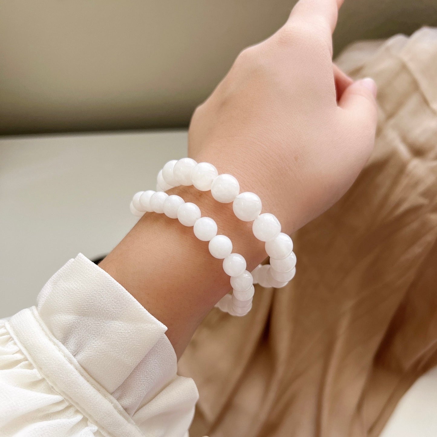 White Hetian Jade Elastic Bracelet, Beaded Jade Stretch Bracelets, High Quality Nephrite Bracelet with Elastic Thread, 8mm 10mm 和田白玉手串