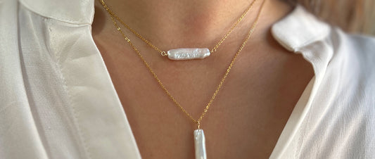 pearl bar necklace, baroque pearl pendant necklace, rectangle pearl necklace