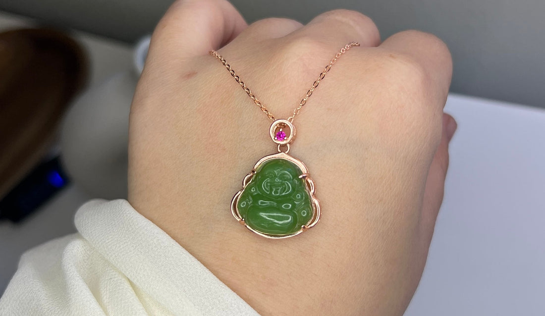 Jade Buddha Pendant, Hetian Jade Pendant Necklace, Dainty Natural Jade Necklace, Rose Gold Plated on S925 Silver Chain, Buddhist Jewelry