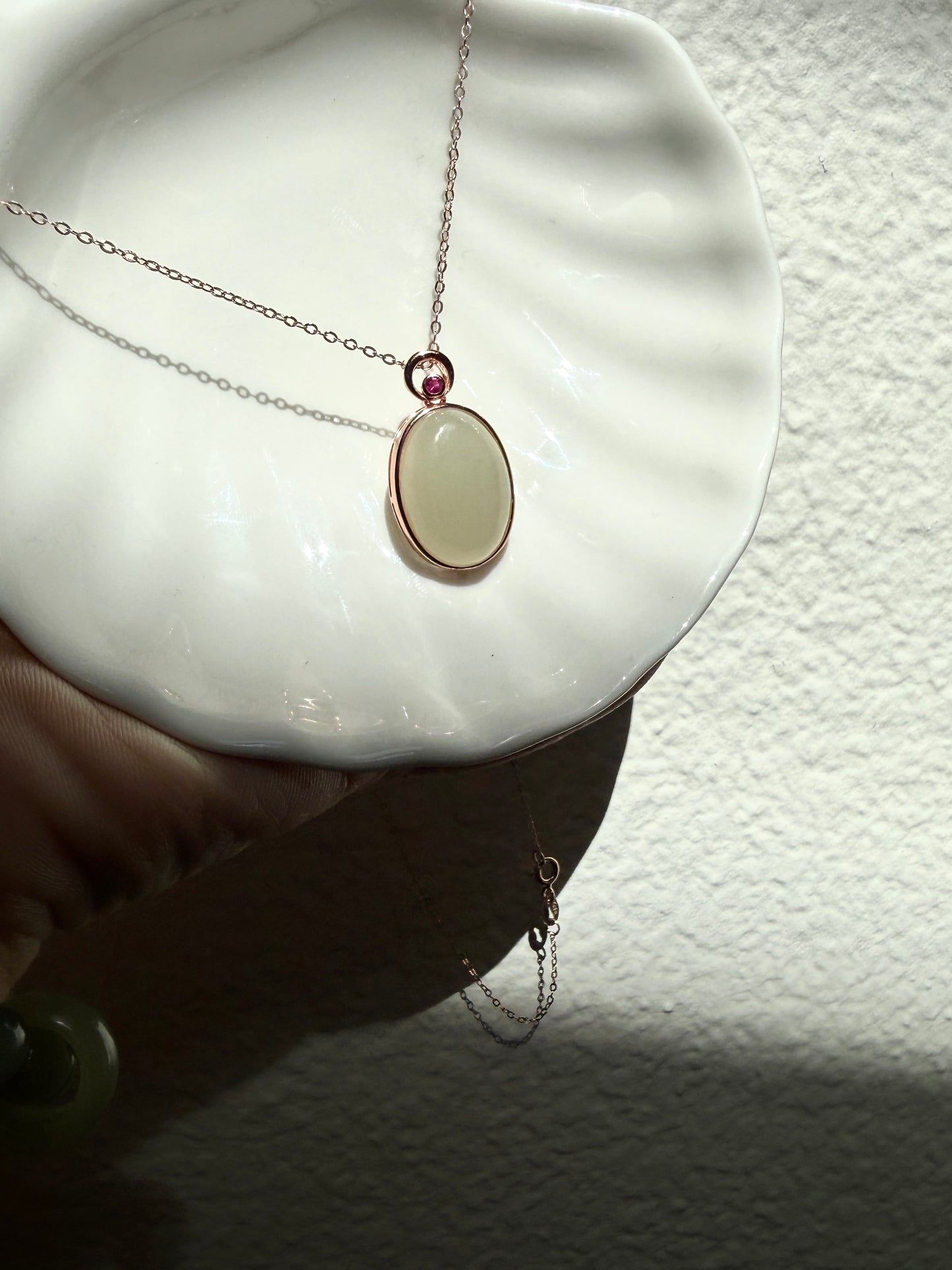 Oval White Green Jade Pendant Necklace with Dainty Chain