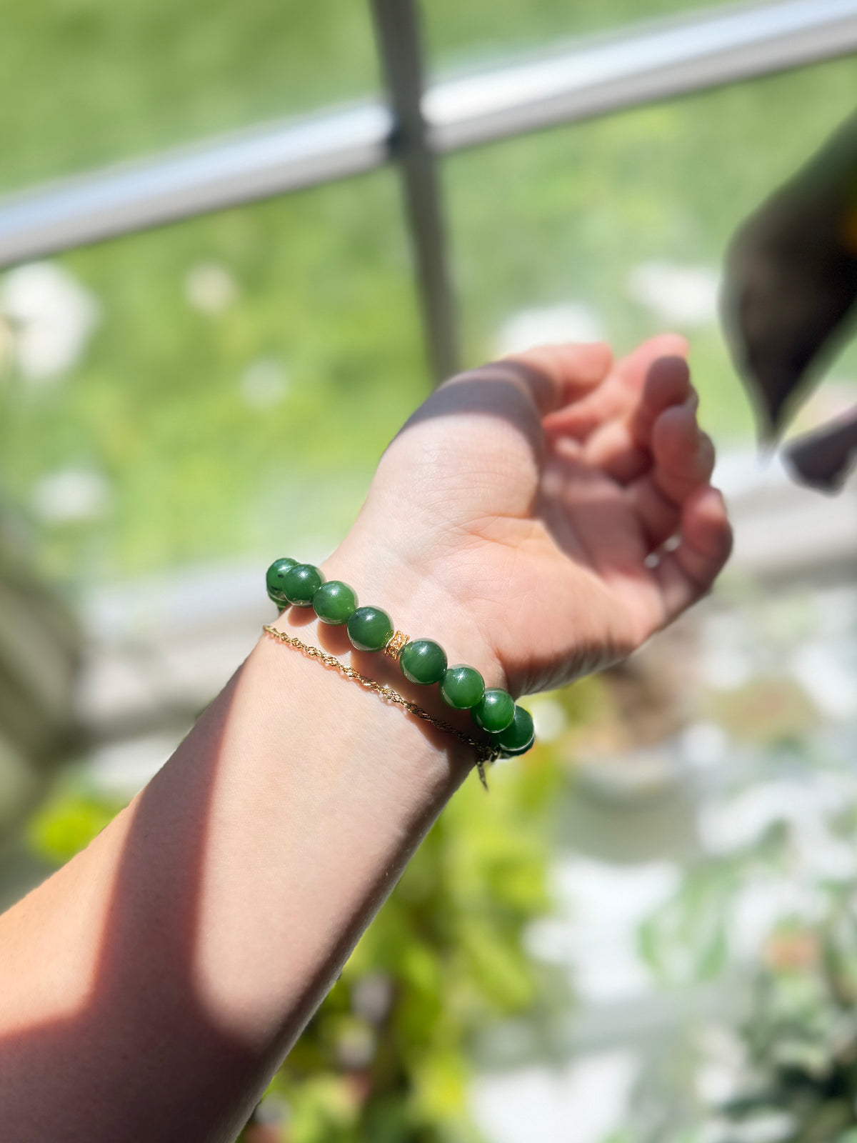 High Quality Green Natural Jade Beaded Bracelet with 18K Gold