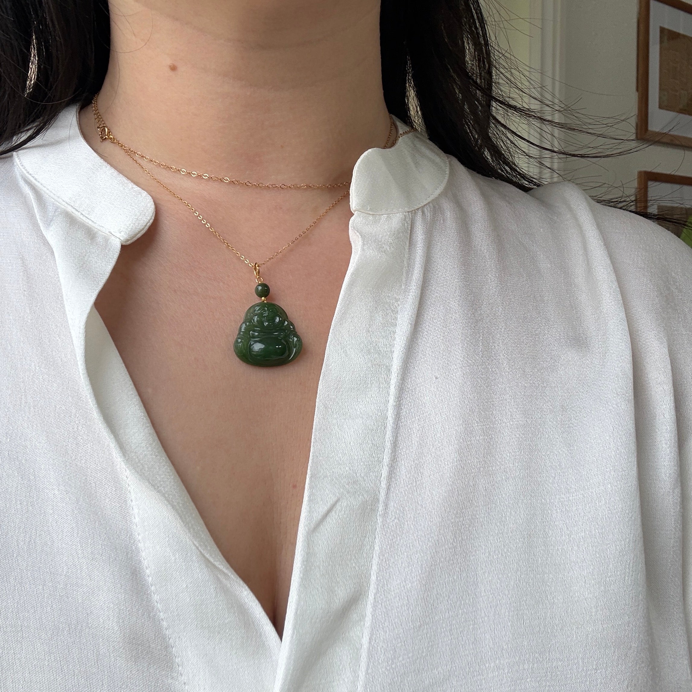 Natural Hetian Jade Buddha Pendant Necklace, 18k Gold Cap with 14K