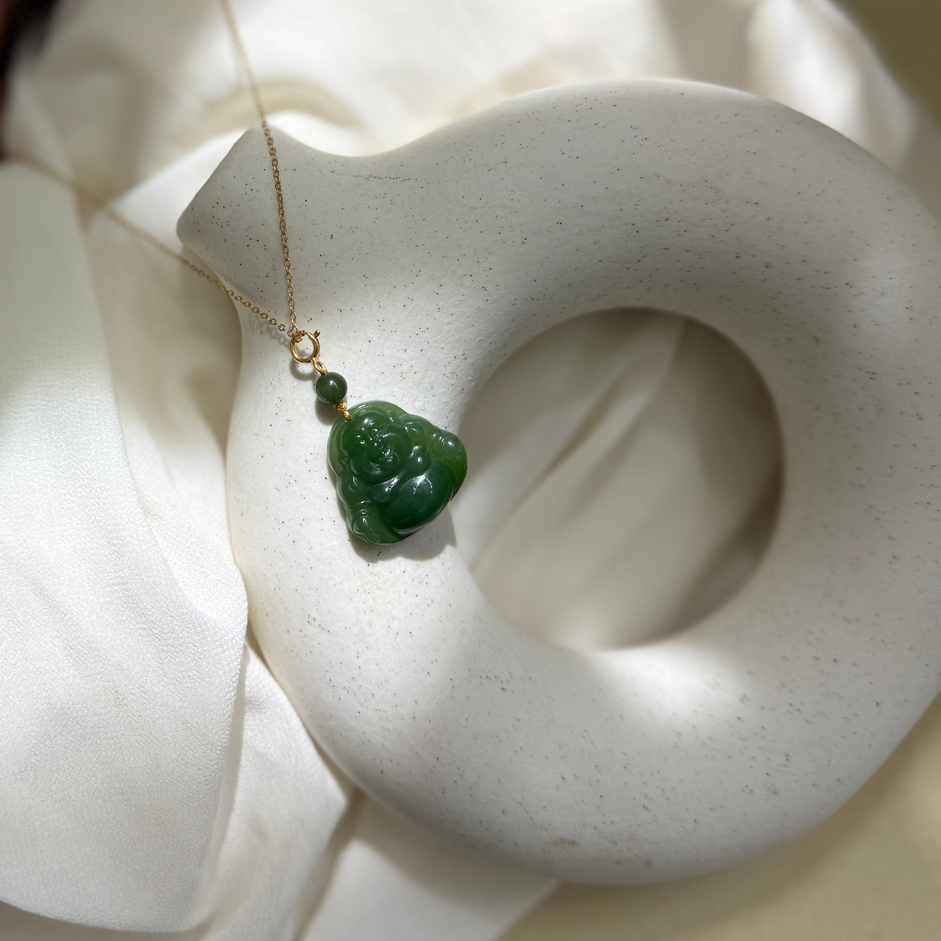 Natural Hetian Jade Buddha Pendant Necklace, 18k Gold Cap with 14K