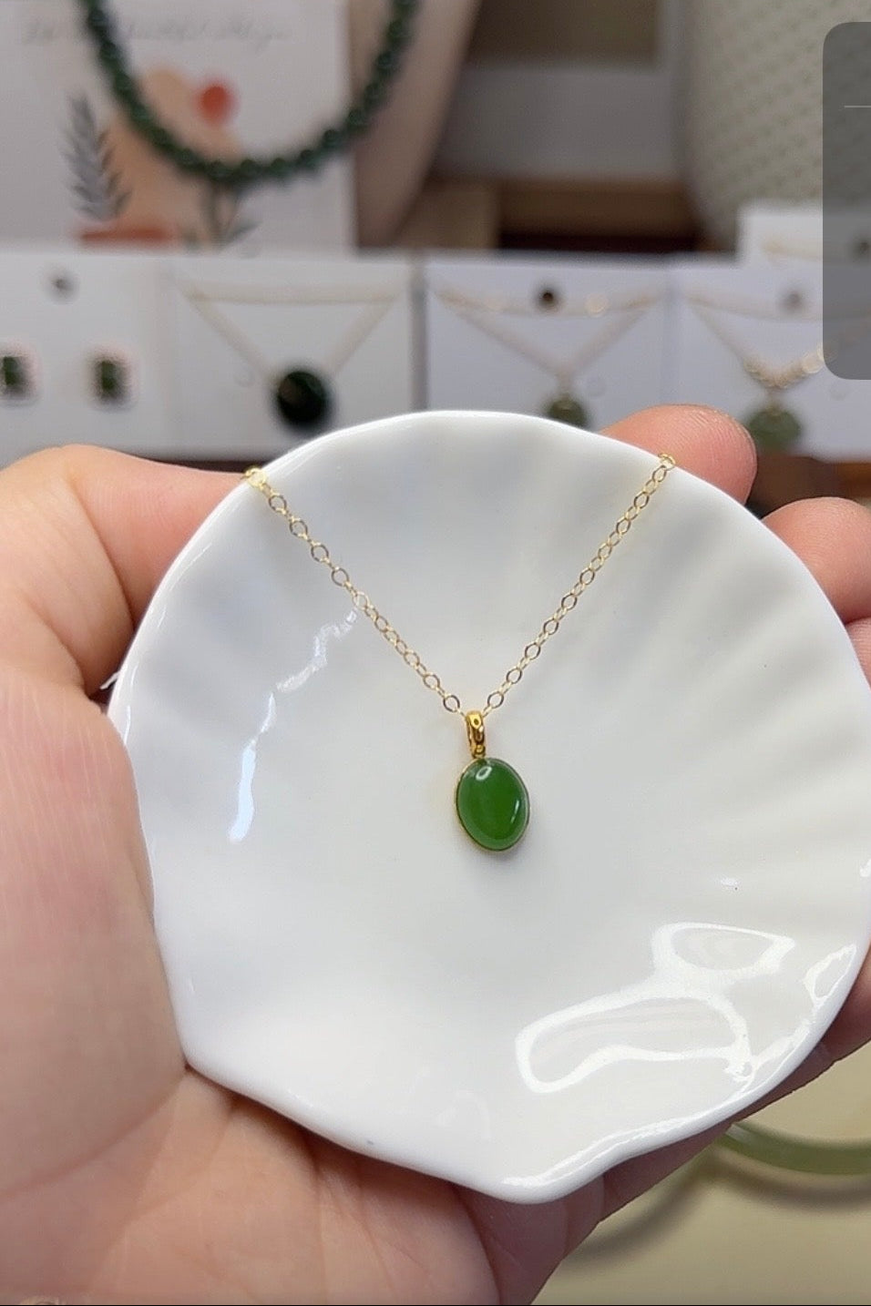 18K Gold Green Jade Dainty Pendant Necklace 23