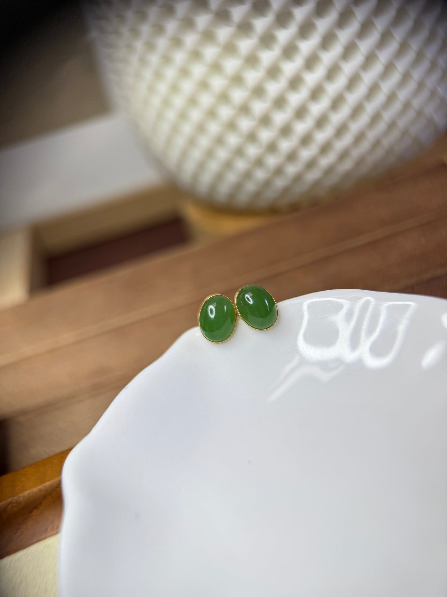 18K Gold Natural Jade Stud Earrings