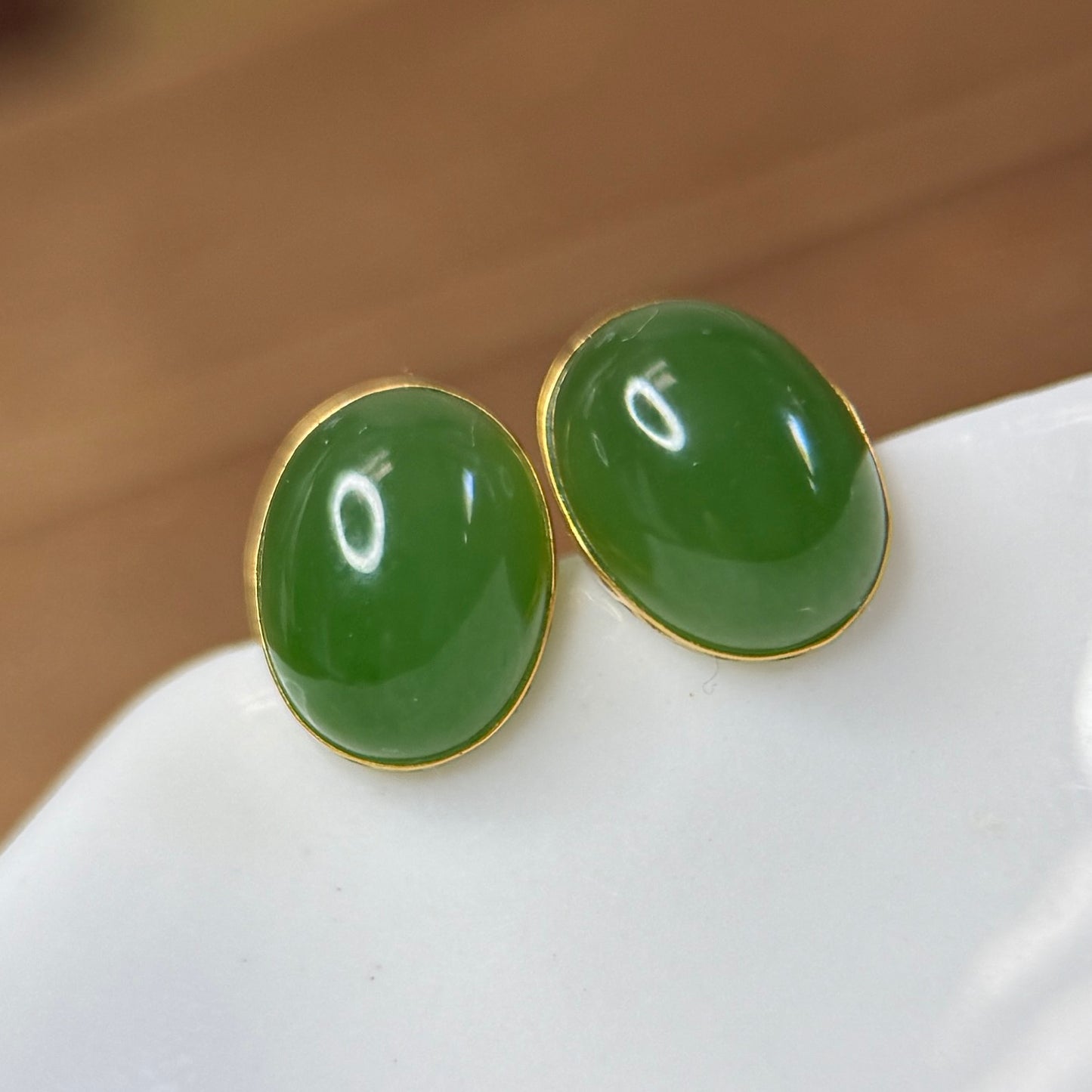 18K Gold Natural Jade Stud Earrings