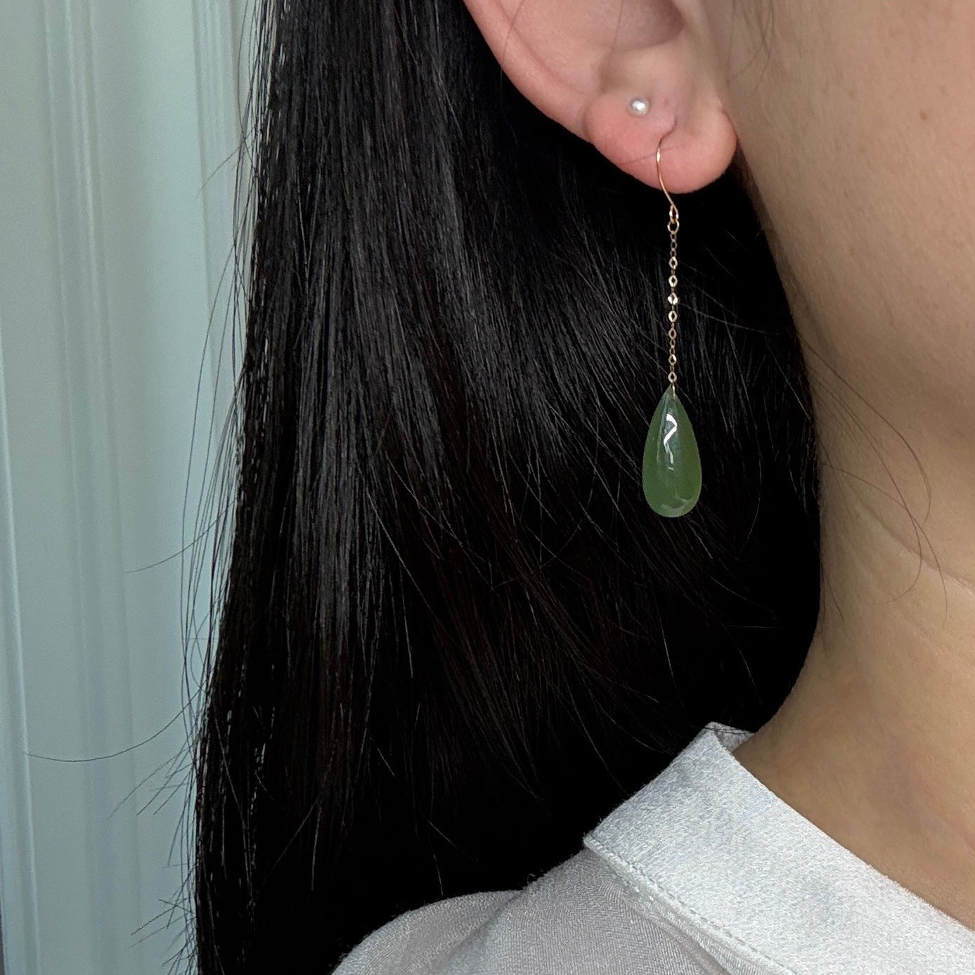 18K Gold Water Drop Natural Jade Dangle Earrings