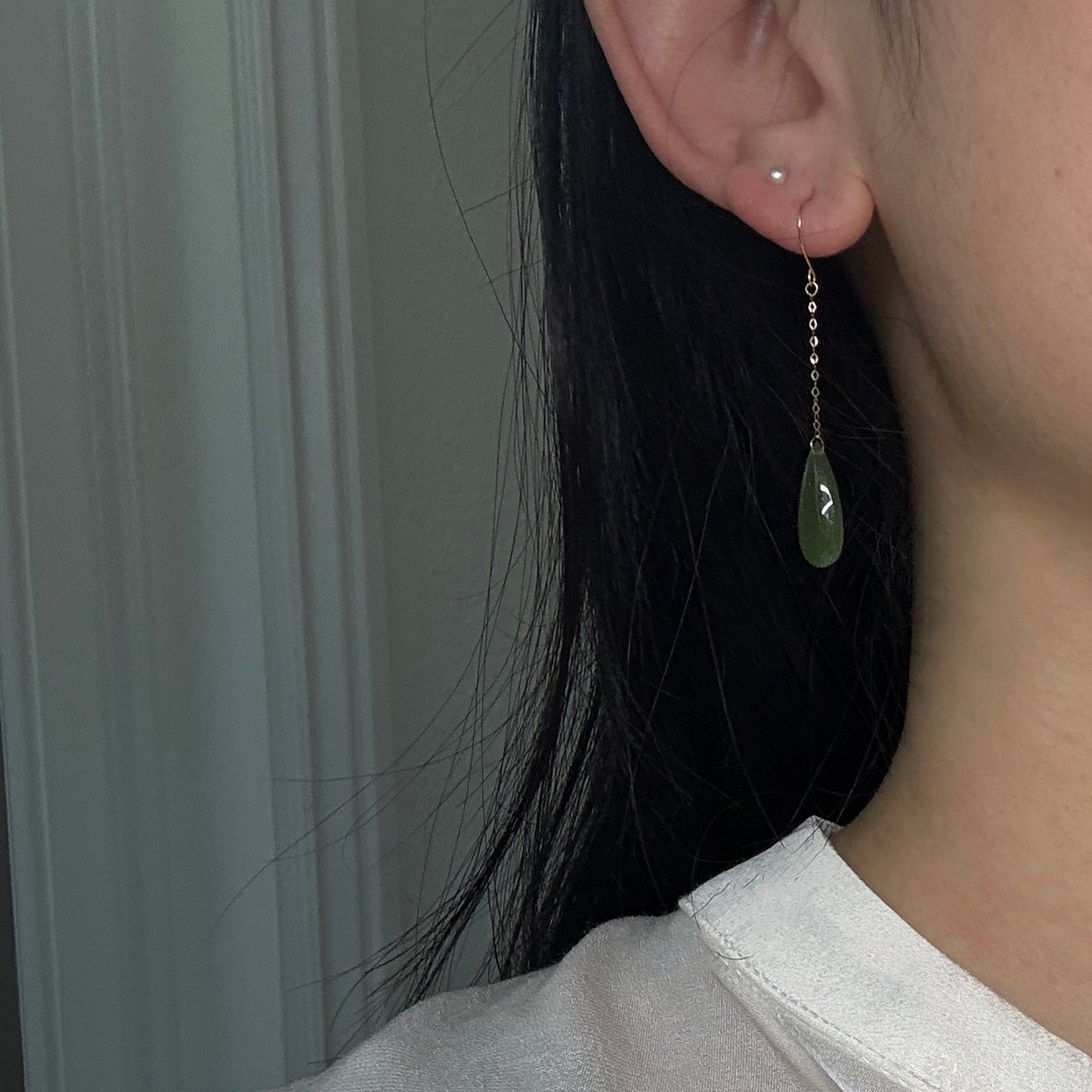 18K Gold Water Drop Natural Jade Dangle Earrings