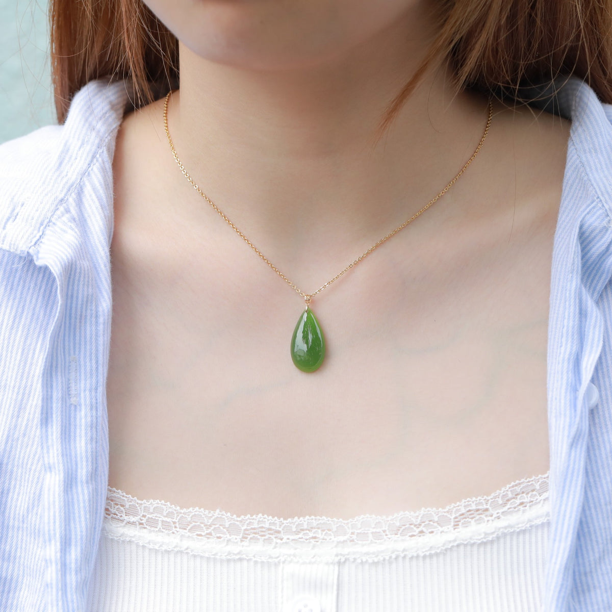 18K Gold Water Drop Natural Jade Pendant