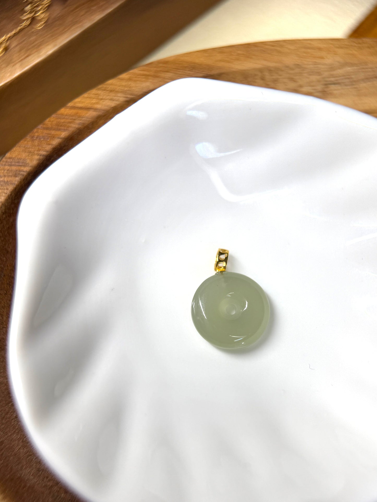 18K Natural Hetian Jade Pendant, Light Green Donut Nephrite  