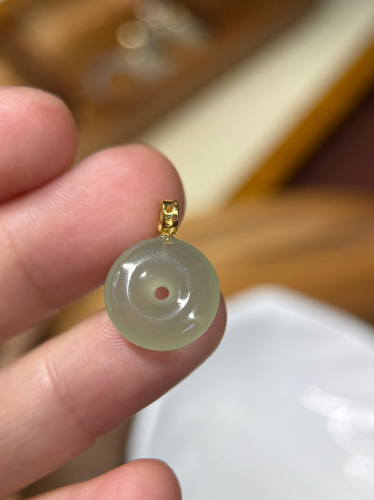 18K Natural Hetian Jade Pendant, Light Green Donut Nephrite  