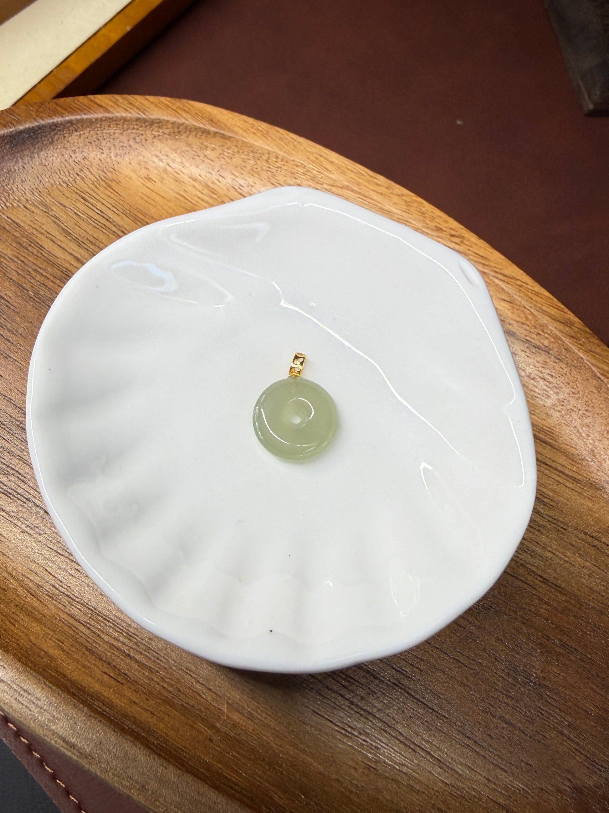 18K Natural Hetian Jade Pendant, Light Green Donut Nephrite  