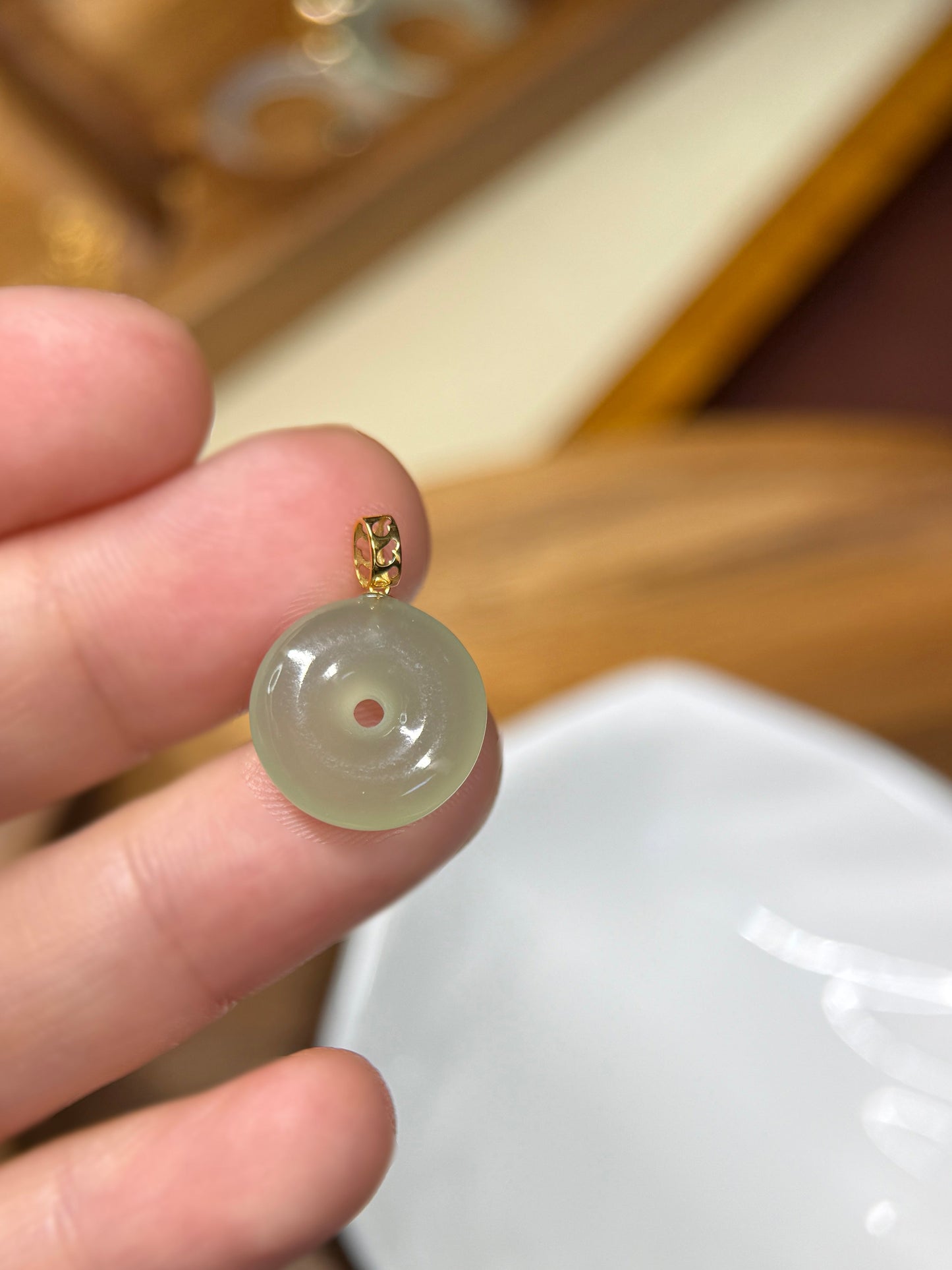 18K Natural Hetian Jade Pendant, Light Green Donut Nephrite  