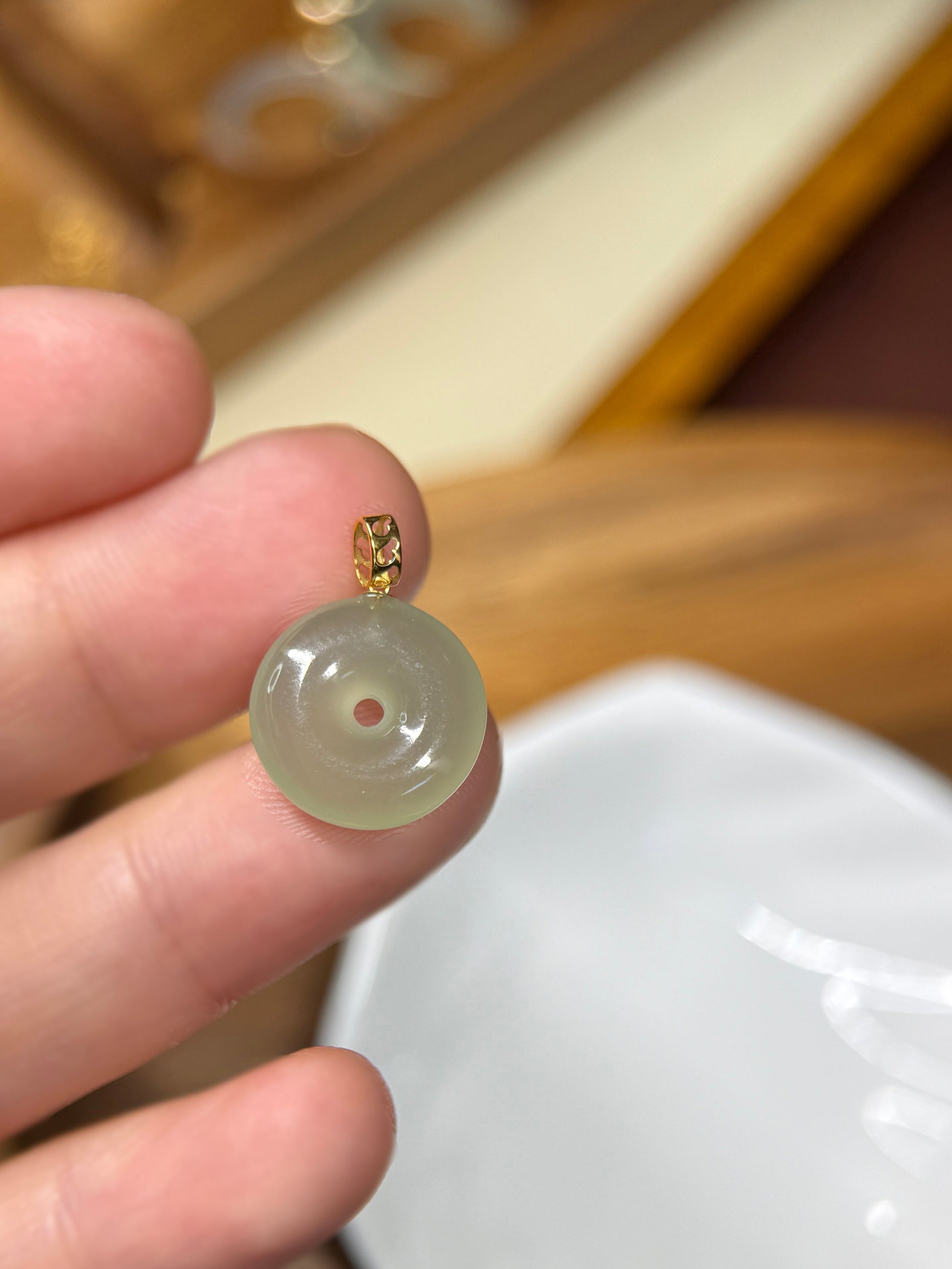 18K Natural Hetian Jade Pendant, Light Green Donut Nephrite  