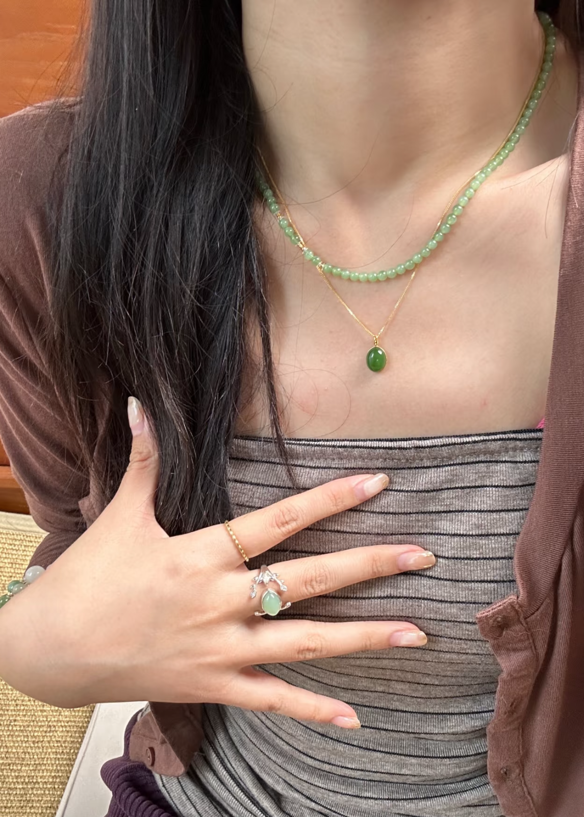 18K Gold Green Jade Dainty Pendant Necklace