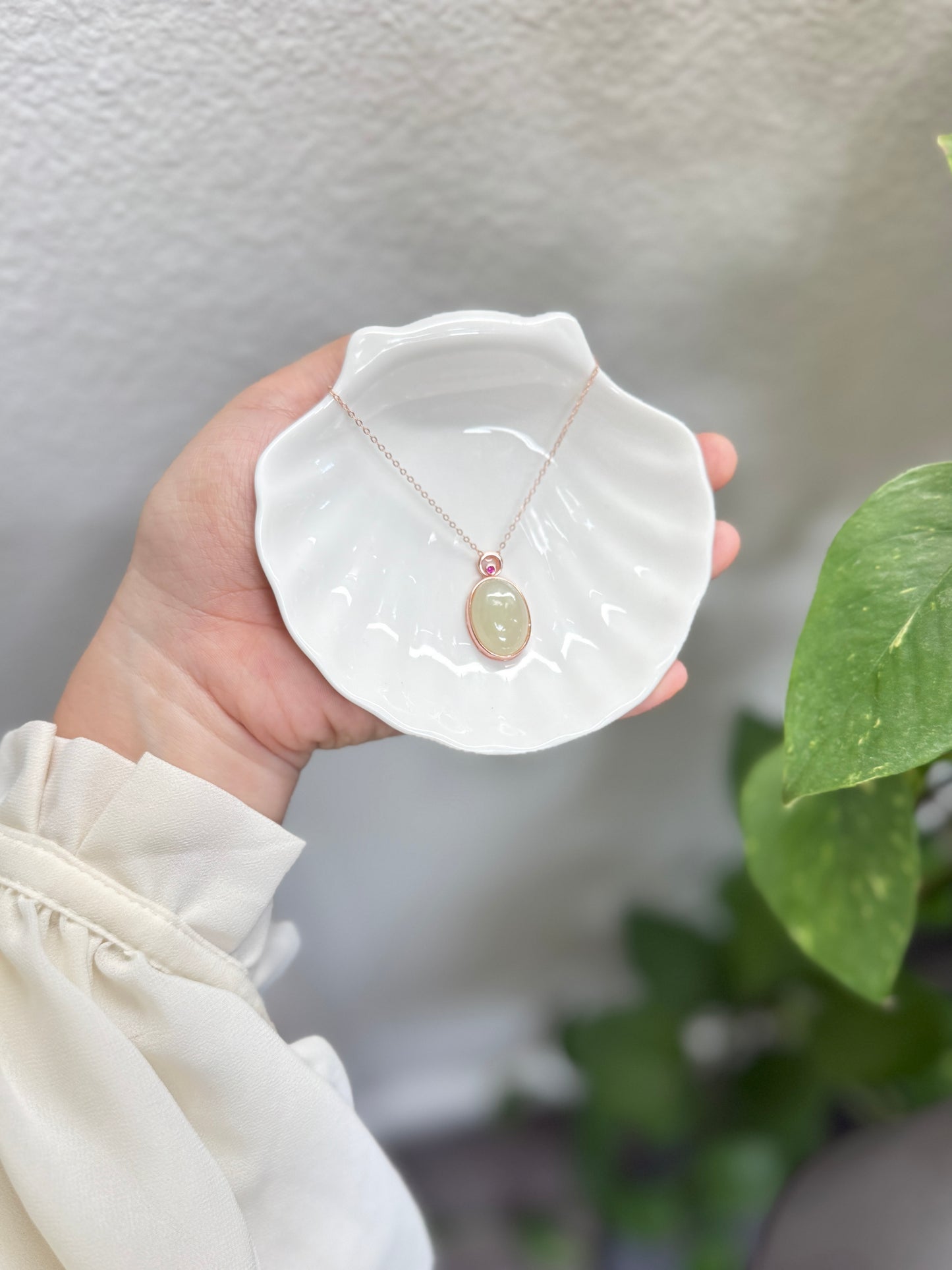 Oval White Green Jade Pendant Necklace with Dainty Chain