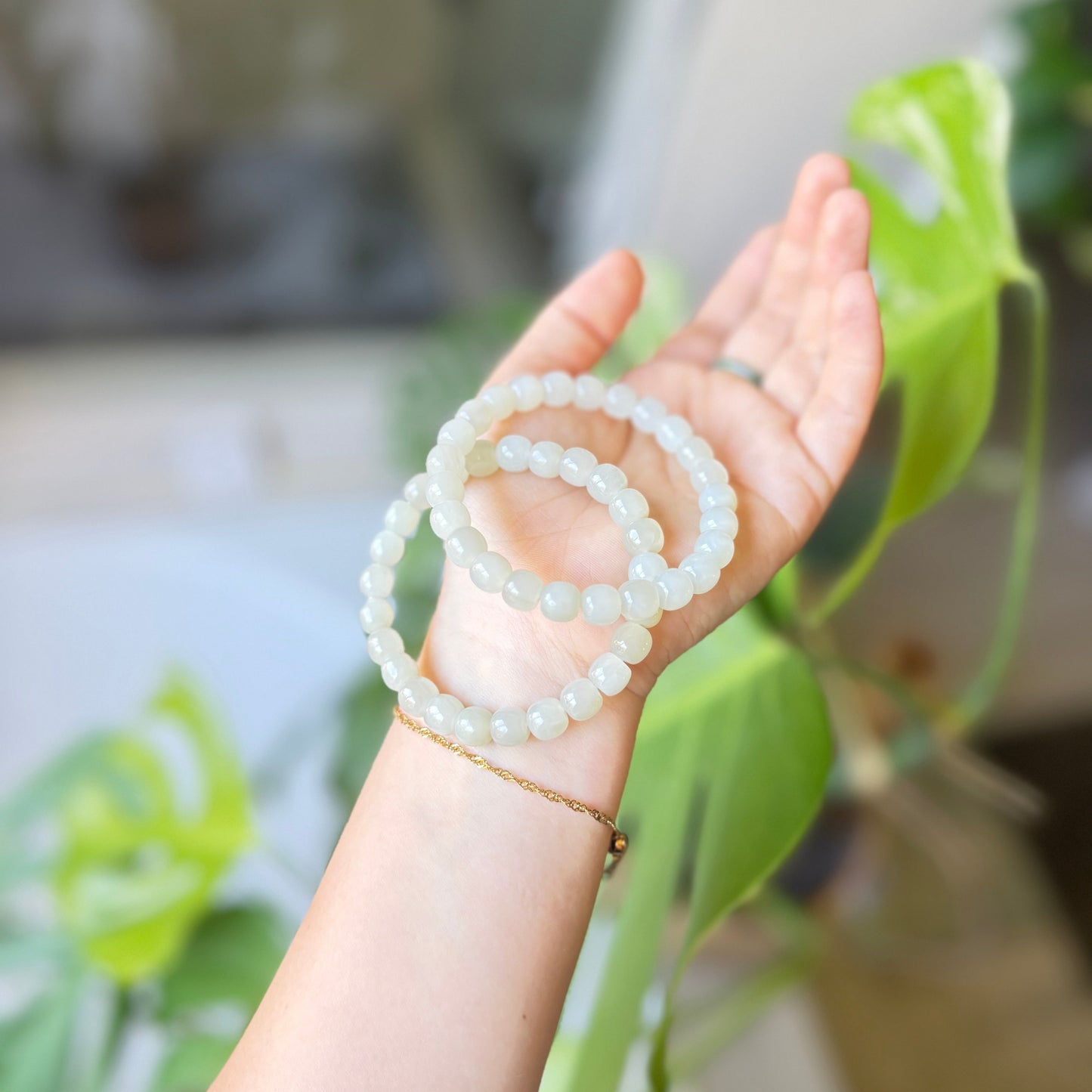 Natural Hetian Jade Beaded Bracelet, Authentic Nephrite Jade