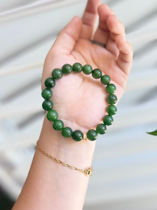 High Quality Green Natural Jade Beaded Bracelet with 18K Gold