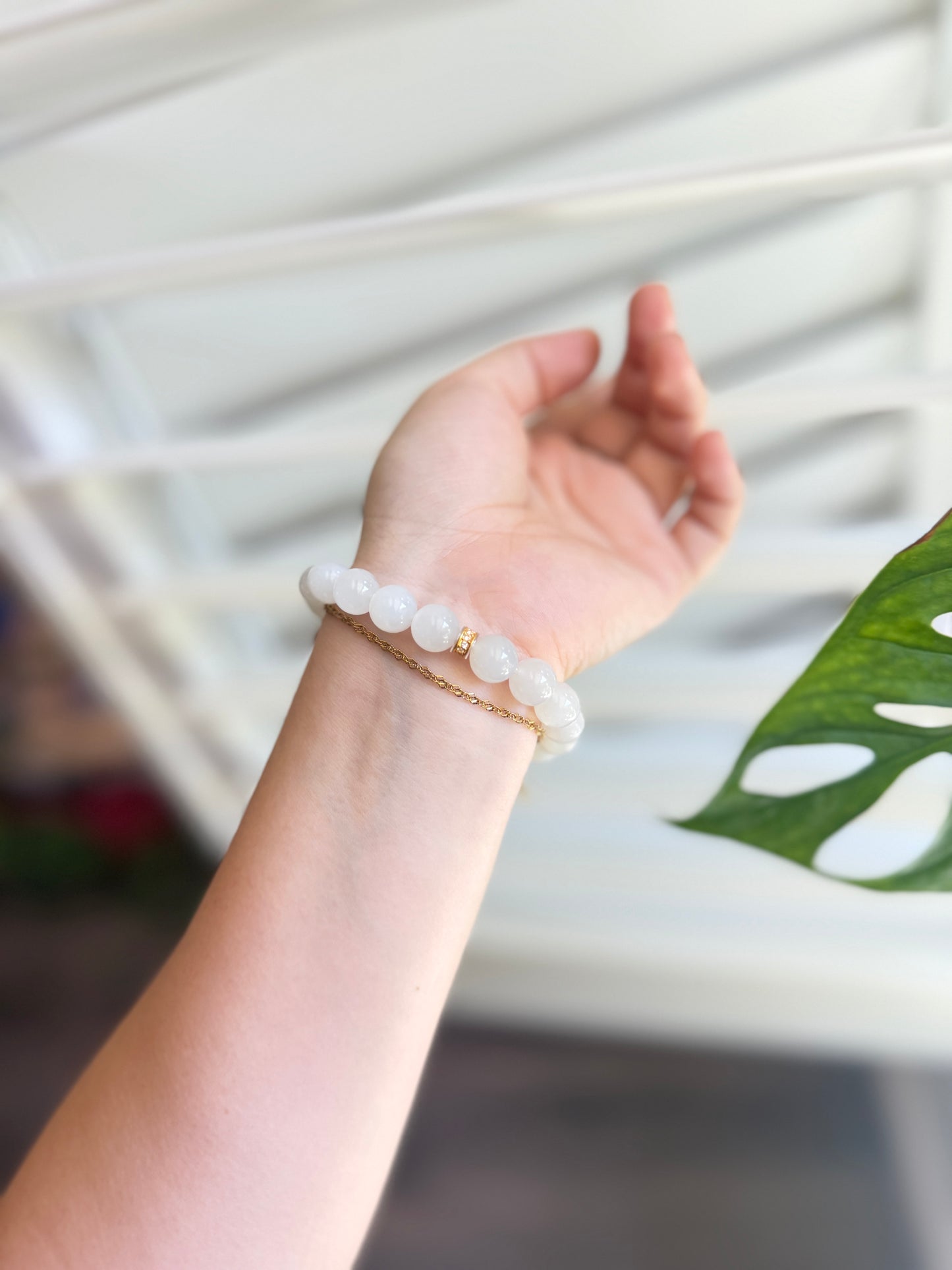 High Quality White Natural Jade Beaded Bracelet with 18K Gold