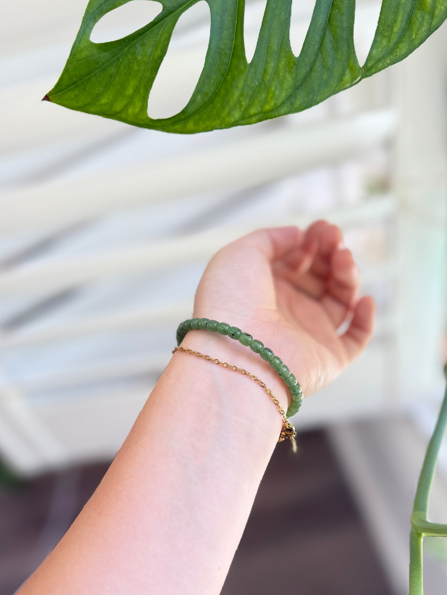 Dainty Jade Beaded Bracelet, Authentic Nephrite Jade
