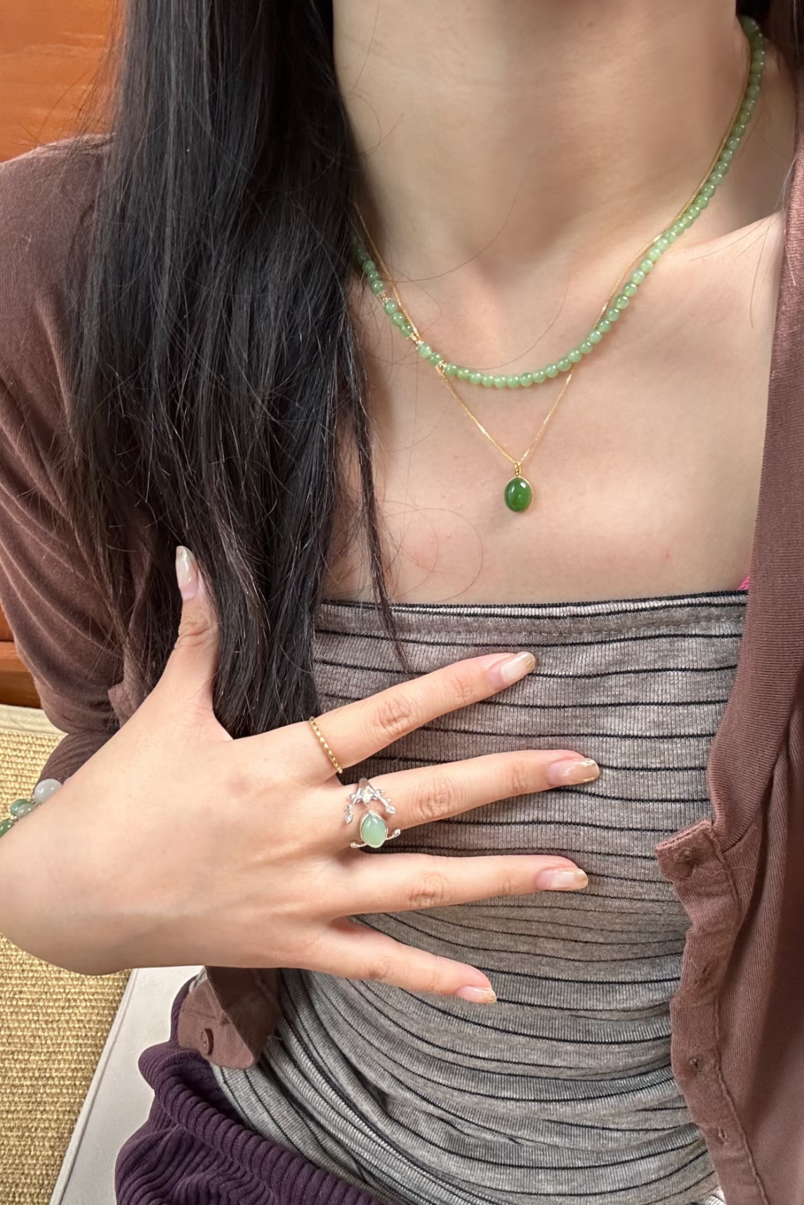 18K Gold Green Jade Dainty Pendant Necklace