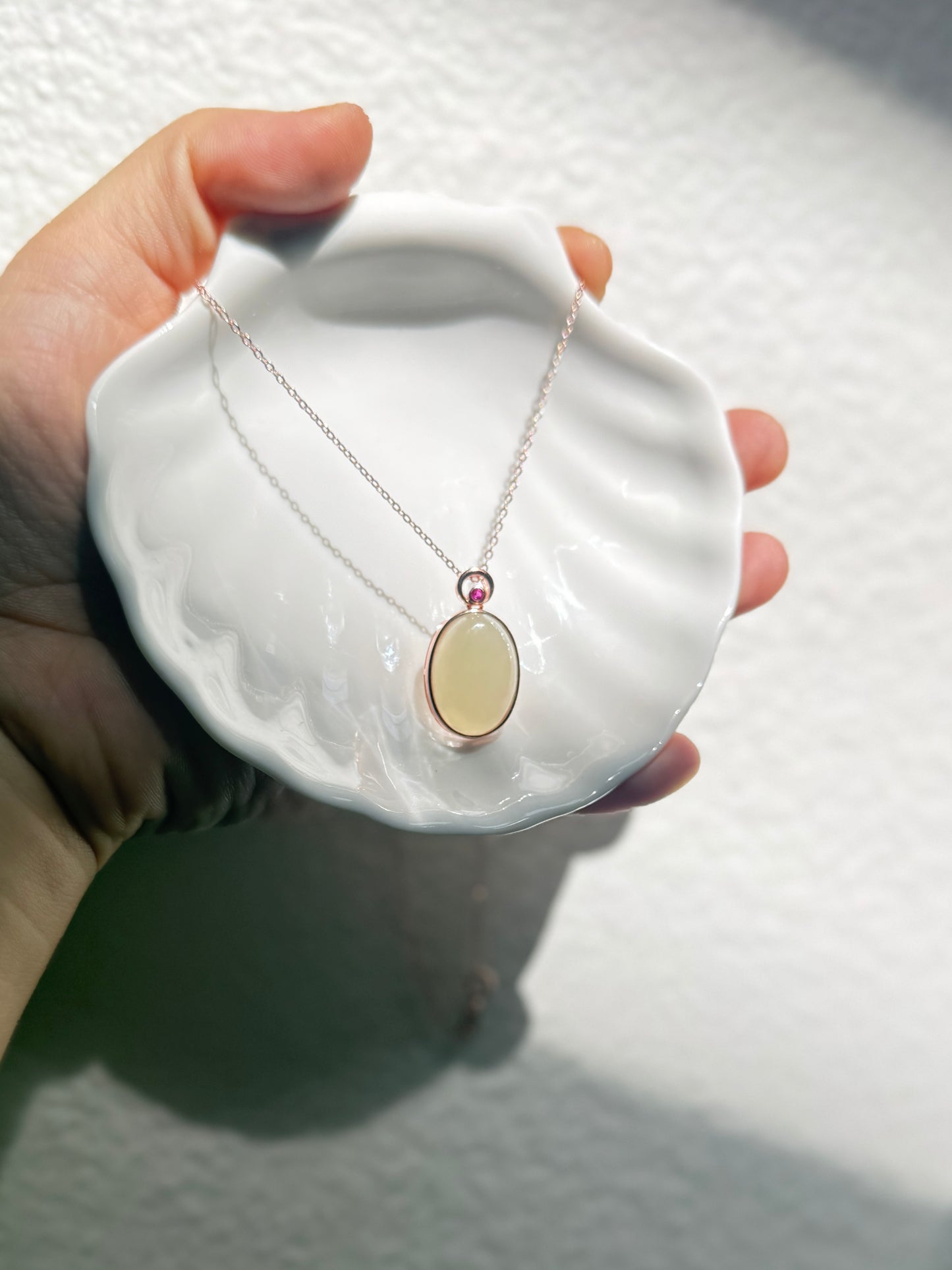 Oval White Green Jade Pendant Necklace with Dainty Chain