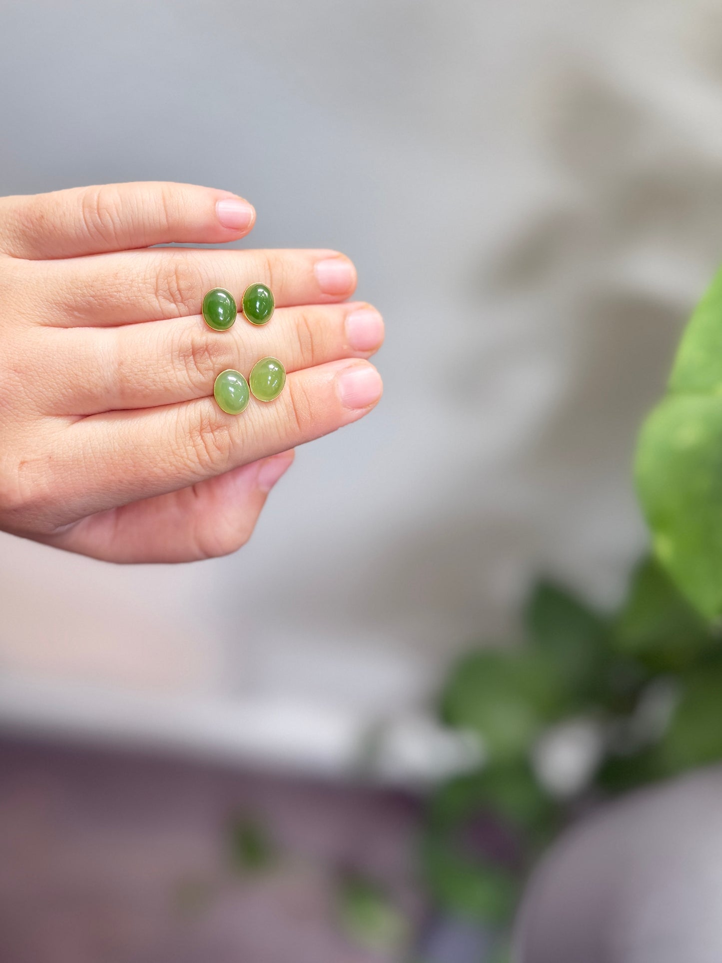 18K Gold Natural Jade Stud Earrings