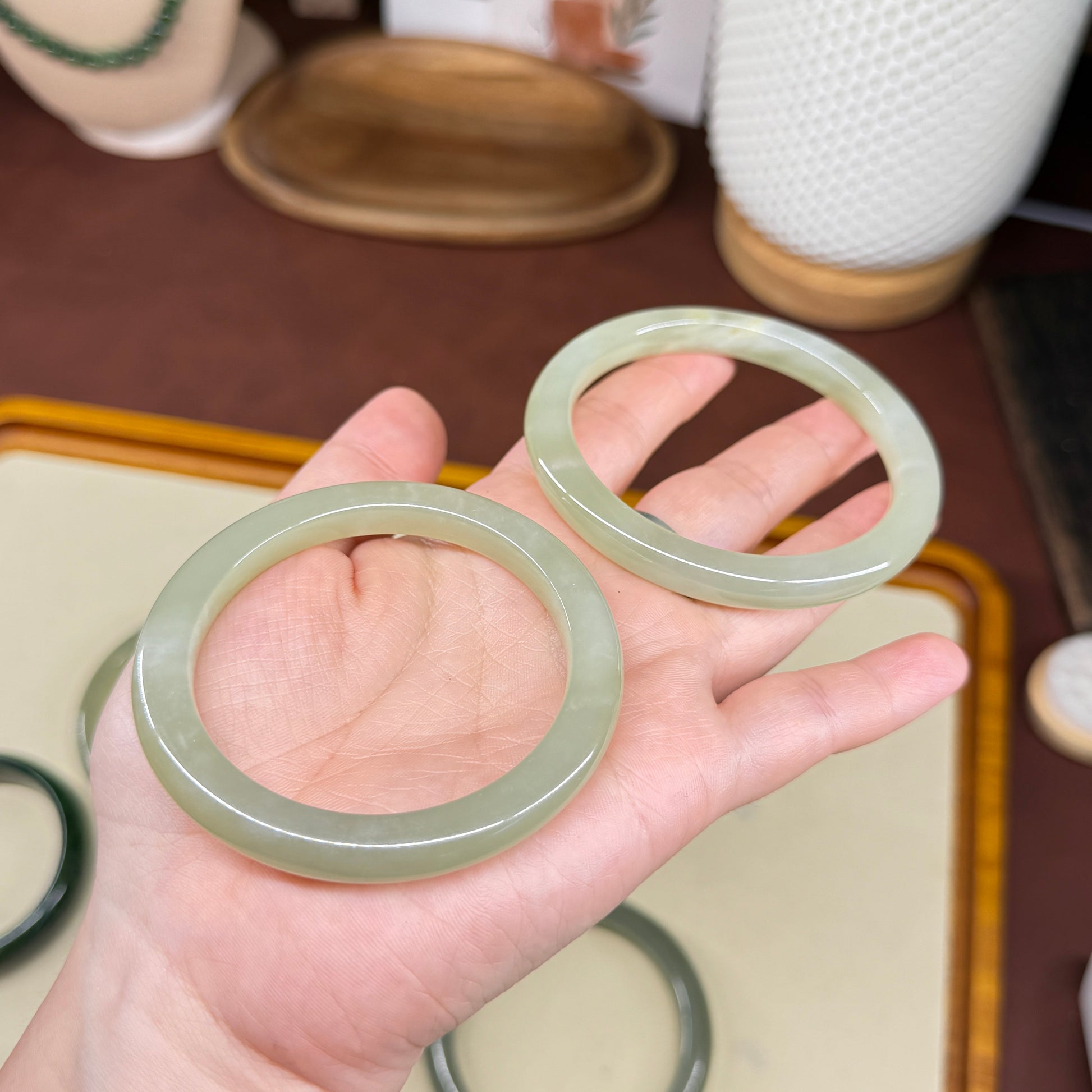 Authentic Natural Jade Bangle, Narrow Light Green Nephrite Bangle