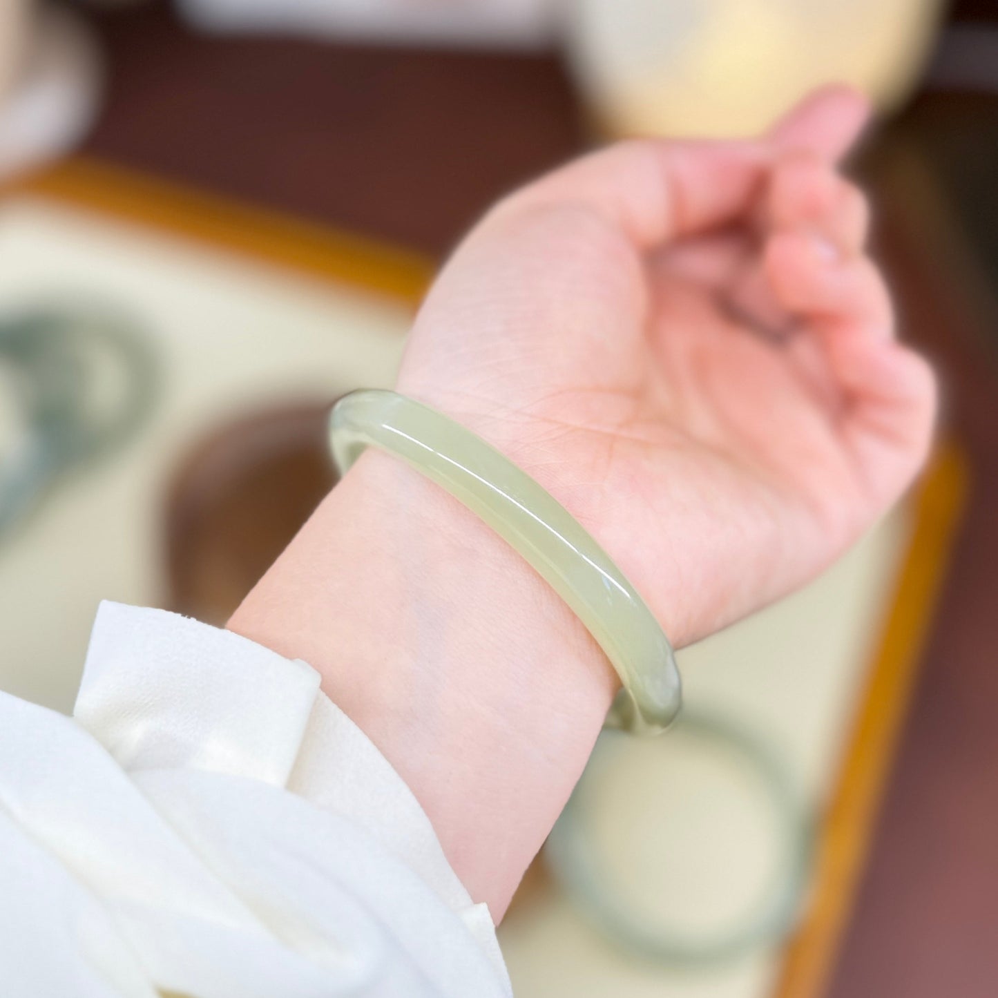 Authentic Natural Jade Bangle, Narrow Light Green Nephrite Bangle