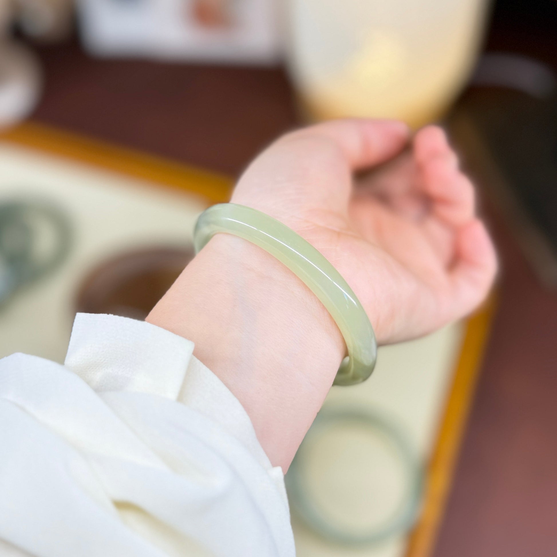 Authentic Natural Jade Bangle, Narrow Light Green Nephrite Bangle