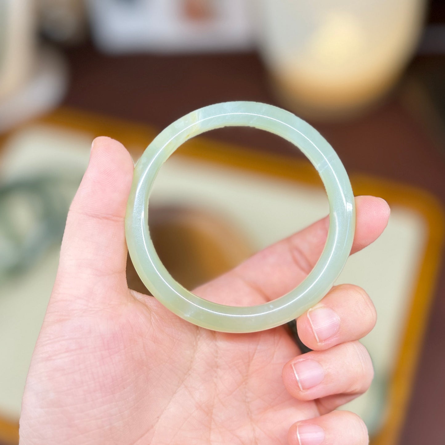 Authentic Natural Jade Bangle, Narrow Light Green Nephrite Bangle